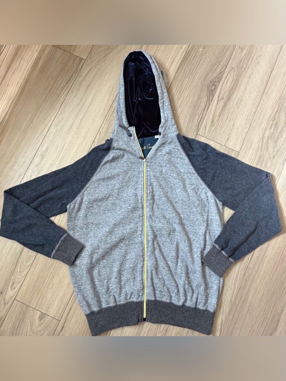 Robert Graham Hoodie Mens L Gray Navy Velvet Lined Hood Full Zip Cotton Knit